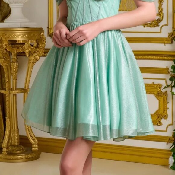 New A-Line Off Shoulder Formal Dress w/ Lace Up Back & Brooch Accent GL GS3633 - Picture 5 of 8